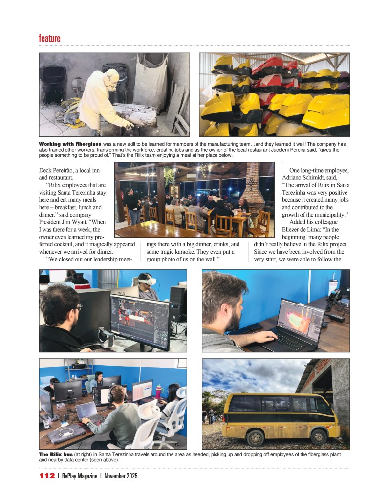 Mosaico de fotos mostrando os bastidores da produção da Rilix em Santa Terezinha: desde a laminação manual de fibra de vidro até o design de software em 3D e o transporte fretado dos colaboradores. O objetivo é destacar a verticalização da fábrica e a tecnologia envolvida.